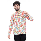Men's multicolor printed cotton blended full sleeve shortkurta with mandarin neck and button closure on display